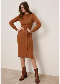 Strickkleid Tamaris "mit Bindeg&uuml;rtel und Volumen&auml;rmeln", Damen, Gr. 36, N-Gr, braun, Strick, Obermaterial: 50% Viskose, 28% Polyester, 22% Polyamid, unifarben, figurumspielend kniebedeckend, Rundhals, weit B&uuml;ndchen, Kleider Strickkleid, aus weicher Viskosemischung