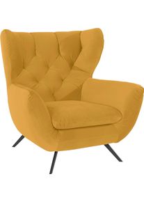 Sessel 3C CANDY "Beatrice Ohrensessel mit Knopfheftung im R&uuml;cken", gelb (curry), B:100cm H:106cm T:95cm, Samt-Optik (100% Polyester), Sessel, Sessel, bequemer Retro Solit&auml;rsessel auch in Cord und Fellimitat