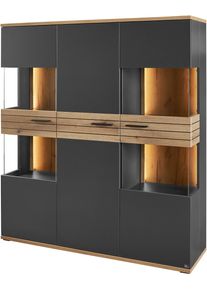 Vitrine "Quincy", schwarz (anthrazit), B:134,8cm H:154,6cm T:40cm, Glas, Holzwerkstoff, MDF, Melamin, SET ONE BY Musterring, Schr&auml;nke, Vitrine, Mit 4 Glasausschnitten und LED, in 2 Farben erh&auml;ltlich, 134,8 cm