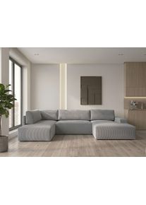 Wohnlandschaft WERK2 "Rotterdam 325 x 190 cm modern und bequem", grau, B:325cm H:85cm T:190cm, 90% Polyester, 10% Nylon, Sofas, Wohnlandschaft, Cord, U-Form, XXL, Schlaffunktion, Bettkasten