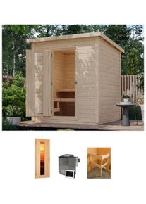 Saunahaus Karibu "Talo 2", beige (naturbelassen), Bio-Kombiofen, externe Steuerung, 9 kW, Saunen, Saunahaus, Ofen 9 kW Bio externe Strg easy