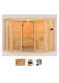 Sauna Karibu "Astrid 2", beige (naturbelassen), Bio-Kombiofen, externe Steuerung, 9 kW, Saunen, Sauna, Ofen 9 kW Bio externe Strg easy