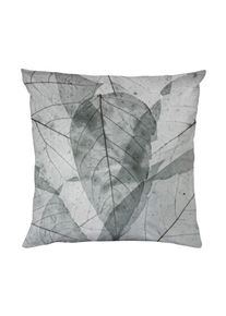 Dekokissen queence "Graue Bl&auml;tter", grau (bedruckt), B:40cm L:40cm, Polyester, Dekokissen_Sitzkissen_Kissenh&uuml;llen, Dekokissen, Beidseitig bedruckte Kissenh&uuml;lle, Kissen 40x40cm, inkl. Rei&szlig;verschluss