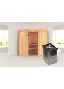 Sauna Karibu "&raquo;Liyah&laquo; mit Klarglast&uuml;r und Dachkranz", beige (naturbelassen), Saunaofen, integrierte Steuerung, (ohne Ofen), Saunen, Sauna, in verschiedenen Ausf&uuml;hrungen erh&auml;ltlich
