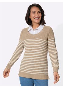 Damen 2-in-1-Pullover mit gerippten Abschl&uuml;ssen in beige-ecru-gemustert ,Gr&ouml;&szlig;e 42, WITT, 50% Baumwolle, 50% Polyacryl. Webware: 80% Baumwolle, 20% 