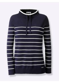 Damen Stehkragenpullover mit sportiven Details in marine-ecru-geringelt ,Gr&ouml;&szlig;e 46, WITT, 50% Viskose, 25% Polyamid, 25% Polyester