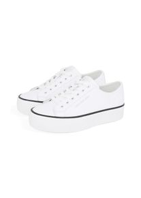 Sneaker Calvin Klein Jeans "BOLD VULC FLATF LOW LTH IN", Damen, Gr. 41, schwarz-wei&szlig; (wei&szlig;, schwarz), Leder, unifarben mit Farbeinsatz, Schuhe Sneaker, Halbschuh, Schn&uuml;rschuh, Freizeitschuh mit CK-Logo an der Ferse