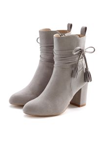 Stiefelette Lascana "High-Heel-Stiefelette, Ankle Boots, Stiefel", Damen, Gr. 43, grau (hellgrau), Obermaterial: 100% Textilmaterial. Decksohle: 100% Lederimitat. Futter: 100% Textilmaterial. Laufsohle: 100% Synthetik, unifarben, festlich, Schuhe Stiefelette, mit Blockabsatz und raffinierten Riemchen, Topseller