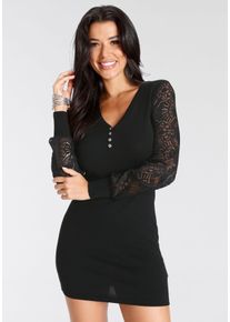 Strickkleid Melrose, Damen, Gr. 38, N-Gr, schwarz, Feinstrick, Obermaterial: 70% Viskose, 30% Polyamid. Spitze: 90% Polyamid, 10% Elasthan, unifarben, sehr figurbetont mini, V-Ausschnitt, Rippstrickb&uuml;ndchen, Kleider Strickkleid, kurzes Kleid, femininer Stil, aus Feinstrick mit Spitzendetails