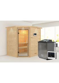 Sauna Karibu "Mia (Fronteinstieg)", beige (naturbelassen), (ohne Ofen), Saunen, Sauna, Ofen 9 kW Bio externe Strg easy