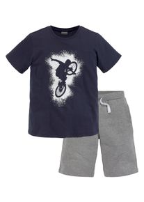 Shirt & Shorts Kidsworld "2tlg. Set T-Shirt + Sweatshorts", Jungen, Gr. 152/158, blau (marine, graum), Jersey, Obermaterial: 100% Baumwolle. Obermaterial Hose: 85% Baumwolle, 15% Viskose, bedruckt, KOB Set-Artikel Shirt & Shorts, BIKER-Druck, jedes Teil einzeln tragbar