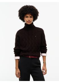 Rollkragenpullover Tommy Hilfiger "SOFT WOOL CABLE ROLL-NK LS SWT", Damen, Gr. XL (46), braun (chocolate), Strick, Obermaterial: 100% Wolle, unifarben, normal, Rundhals, Pullover Rollkragenpullover, Wolle, mit Zopfmuster