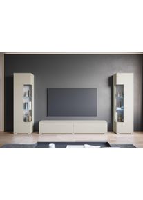 Wohnwand OTTO HOME "Kenia, Vitrine T&uuml;ranschlag links/rechts wechselbar", beige (kaschmir), B:270cm, Glas, Hartfaserplatte, Holzwerkstoff, Kunststoff, Kastenm&ouml;bel-Sets, Wohnwand, Vitrinen mit Eckverglasung, h&auml;ngend und stehend montierbar