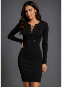Strickkleid Bruno Banani, Damen, Gr. 46, N-Gr, schwarz, Feinstrick, Obermaterial: 70% Viskose, 30% Polyamid, clean, unifarben, figurumspielend kurz, Rundhals, Kleider Strickkleid, taillierter Schnitt, mit Schn&uuml;rung, elastisches Material