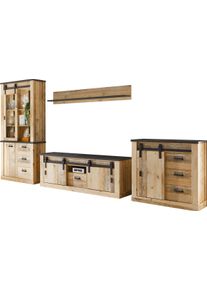 Wohnwand Home Affaire "Sherwood, Anbauwand im Industrial-Style, Komplettset, Wohnzimmer-Set", braun (old style hell dekor), B:388cm H:201cm T:43cm, Kastenm&ouml;bel-Sets, Wohnwand, enth&auml;lt Vitrine, Lowboard, Kommode & Wandboard, 388 cm breit