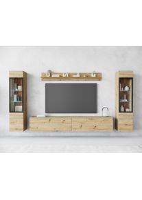 Wohnwand Home Affaire "VERA II", braun (eichefarben artisan), B:260cm H:130cm T:33cm, Kastenm&ouml;bel-Sets, Wohnwand, Mediawand 260 cm, Vitrine mit Verglasung, stehend und h&auml;ngend