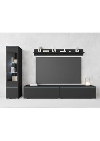 Wohnwand Home Affaire "VERA I, Vitrinen T&uuml;ranschlag links/rechts wechselbar", schwarz (graphite schwarz matt), B:230cm H:130cm T:33cm, Kastenm&ouml;bel-Sets, Wohnwand, Vitrine mit Verglasung, stehend und h&auml;ngend, inklusive Beleuchtung