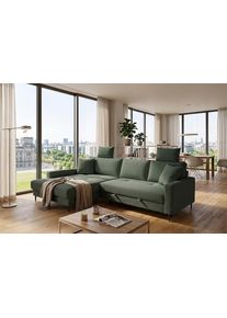 Ecksofa TRENDS BY HG "Summer L-Form, B: 284 cm, Schlaffunktion, 2 Zierkissen", gr&uuml;n (b808 zoom 11 wintermoss), B:284cm H:80cm T:178cm, 92% Polyester;8% Nylon, Sofas, Ecksofa, mit Kopfst&uuml;tzen, Wellenfederung, frei stellbar