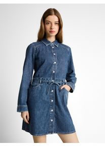 Jeanskleid Tom Tailor Denim, Damen, Gr. S, N-Gr, blau (clean mid), Denim/Jeans, Obermaterial: 100% Baumwolle. Futter: 65% Baumwolle, 35% Polyester, unifarben, normal kniefrei, Rundhals, Kleider Jeanskleid, Langarm mit Jeansg&uuml;rtel