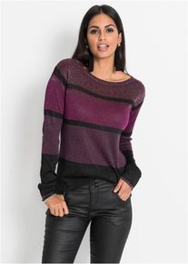 Strickpullover bonprix, Damen, Gr. 36/38 (S), lila (lila, pink, schwarz metallic), Feinstrick, Obermaterial: 55% Viskose, 45% metallisierte Fasern, Glitzerstreifen, geringelt, gestreift, bequem h&uuml;ftbedeckend, Rundhals, Strickb&uuml;ndchen, Pullover Strickpullover, aus Viskosemix mit gl&auml;nzendem Streifen-Muster