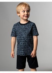 Schlafanzug TRIGEMA "TRIGEMA Shorty-Pyjama mit Smiley-Muster", Jungen, Gr. XS, blau (navy), Single Jersey, 100% Baumwolle, Rundhals, Homewear-Sets Schlafanzug