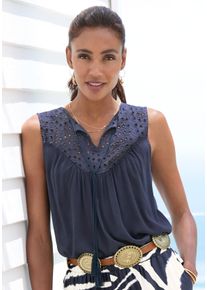 Blusentop Lascana, Damen, Gr. 44, blau (navy), Cr&ecirc;pe, Obermaterial: 100% Viskose. Spitze: 100% Baumwolle, unifarben, figurumspielend h&uuml;ftlang, V-Ausschnitt, Blusen Blusentop, mit Lochstickerei, Topseller
