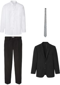 Anzug bonprix, Herren, Gr. 50, N-Gr, schwarz, Web, Obermaterial: 100% Polyester. Obermaterial 2: 100% Baumwolle. Futter: 100% Polyester, gepflegt, unifarben, festlich, bequem, Anz&uuml;ge Anzug, festlicher Stil, bequeme Passform, aus Polyester und Baumwolle
