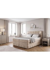 Boxbett OTTO HOME "PHILIPPA, Polsterbett mit Bettkasten, mit Taschenfederkernmatratze H3", beige, B:155cm L:210cm, Holz teilmassiv, Holzwerkstoff, Spanplatte, Komplettbetten, Boxbett, mit Kaltschaum-Topper, Microfaser-Bezug, wahlweise mit LED-Beleuchtung