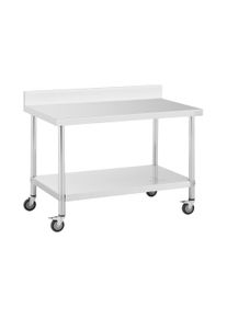 Rozsdamentes ac&eacute;l asztal kerekekkel - PREMIUM - 70 x 120 cm - 158 kg - h&aacute;ts&oacute; perem - ROYAL CATERING RCAT-120/70-WS