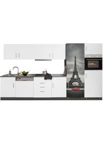 K&uuml;chenzeile KOCHSTATION "KS-Paris - K&uuml;chen mit einzigartigen Fotomotiven auf den Fronten", wei&szlig; (k&uuml;che: wei&szlig;, front: wei&szlig;, korpus: grafit, arbeitsplatte: anthrazit), B:340cm H:200cm T:60cm, Komplettk&uuml;chen-Sets, K&uuml;chenzeile, Breite 340 cm, wahlweise mit E-Ger&auml;ten und Induktion