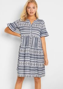 Shirtkleid bonprix, Damen, Gr. 40/42 (M), N-Gr, wei&szlig; (wei&szlig;, dunkelblau bedruckt), Web, Obermaterial: 50% Baumwolle, 50% Viskose, bedruckt, l&auml;ssig geschnitten lang, V-Ausschnitt, Kleider Shirtkleid, mit All-Over Print, aus Viskosemischung, l&auml;ssig geschnitten
