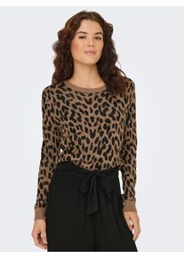 Rundhalspullover Only "ONLVIENNA LS JQ LEO O-NECK CC KNT", Damen, Gr. XS, schwarz (toasted coconut pattern:melange, schwarz), Strick, Obermaterial: 50% Polyacryl, 50% Viskose, gemustert, regular fit normal, Rundhals, Pullover Rundhalspullover