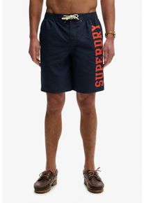 Badeshorts Superdry "LOGO 19 BOARDSHORT", Herren, Gr. M, N-Gr, blau (nautical navy), Web, Polyester, bedruckt, Badehosen Badeshorts, lockere Passform, bedruckte Optik, aus Polyester