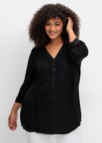 Crepebluse sheego by Joe Browns, Damen, Gr. 52, schwarz, 100% Viskose, Spitze:100% Baumwolle, unifarben, V-Ausschnitt, Blusen Crepebluse