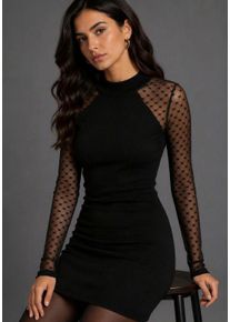 Strickkleid Melrose, Damen, Gr. 38, N-Gr, schwarz, Feinstrick, Obermaterial: 70% Viskose, 30% Polyamid. Spitze: 100% Polyamid, gemustert, unifarben, sehr figurbetont mini, eng, Kleider Strickkleid, in Mini-L&auml;nge, aus Feinstrick mit Meshapplikation