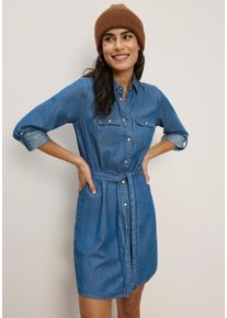 Jeanskleid Tamaris "aus Baumwoll-Denim mit praktischen Taschen", Damen, Gr. 38, N-Gr, blau (jeansblau), Denim/Jeans, Obermaterial: 100% Baumwolle, unifarben, figurbetont, Krempel&auml;rmel,mit Riegel,&Auml;rmel mit &Auml;rmelschlitz Manschette, Kleider Jeanskleid, mit Hemdblusenkragen, figurbetonte Passform, Topseller