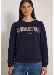 Sweater Cecil, Damen, Gr. XS (36), blau (urban dunkelblau), Sweatware, Obermaterial: 100% Baumwolle, bestickt, l&auml;ssig geschnitten h&uuml;ftbedeckend, Rundhals, Flachstrickb&uuml;ndchen, Sweatshirts Sweater, mit Rundhals und Stickerei