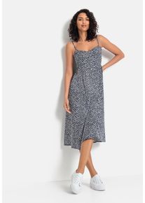 Sommerkleid Lascana "aus Leinenmix mit Zierknopfleiste mit P&uuml;nktchendruck", Damen, Gr. 34, N-Gr, ohne &Auml;rmel, Web, blau (marine, creme bedruckt), Web, Obermaterial: 58% Viskose, 28% Baumwolle, 14% Leinen, bedruckt, figurumspielend ca. Mitte Wade, V-Ausschnitt, Kleider Sommerkleid, Midikleid, Strandkleid, Webkleid, Leinenkleid