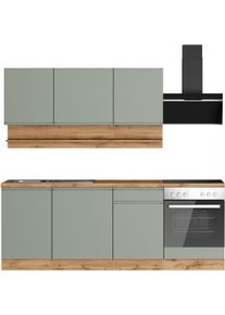 K&uuml;chenzeile KOCHSTATION "KS-Virginia,neu in verbesserter Ausf&uuml;hrung", schwarz (k&uuml;che: gr&uuml;n, front: salbeifarben, korpus: wotaneichefarben, arbeitsplatte: wotaneichefarben), B:220cm H:200cm T:60cm, Komplettk&uuml;chen-Sets, K&uuml;chenzeile, Breite 220 cm, Soft-Close, wahlweise mit E-Ger&auml;ten