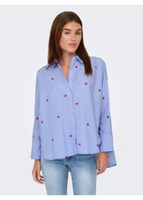 Hemdbluse Only "ONLNEW LINA GRACE LS STRIPE EMB SHIRT", Damen, Gr. XS, blau (moonlight blau detail:stripewith rot heart emb), Web, Obermaterial: 85% Polyester, 15% Baumwolle, bestickt, gestreift, Po-bedeckend, Blusen Hemdbluse, Materialmix, Herzchen Stickerei