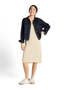 Strickkleid Tom Tailor Denim, Damen, Gr. M, N-Gr, beige (dove wei&szlig;), Strick, Obermaterial: 55% Polyacryl, 45% Polyamid, unifarben, l&auml;ssig geschnitten 3/4-L&auml;nge, V-Ausschnitt, Kleider Strickkleid, &Auml;rmelloses Sommerkleid in 3/4-L&auml;nge