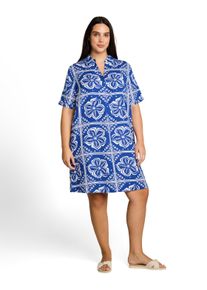 Druckkleid Tom Tailor PLUS, Damen, Gr. 44, N-Gr, blau (blau flower tile design), Web, Obermaterial: 55% Lyocell, 45% Viskose, gemustert, normal Po-bedeckend, V-Ausschnitt, Kleider Druckkleid, Sommerkleid mit grafischem Muster