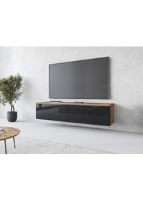 Lowboard Home Affaire "LOWBOARD D, wahlweise mit oder ohne Beleuchtung", schwarz (votan eichefarben, schwarz hochglanz), B:140cm H:30cm T:33cm, Sideboards, Lowboard, modernes TV-Board ohne Griffe, mit viel Stauraum,stehend und h&auml;ngend