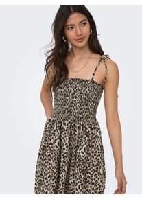 Sommerkleid Only "ONLEMMIA SMOCK DRESS PNT", Damen, Gr. S, N-Gr, beige (schwarz aop:leo), Web, Obermaterial: 98% Polyester, 2% Nylon, bedruckt, stretch fit kurz, ohne Ausschnitt, Kleider Sommerkleid, Materialmix, stretch
