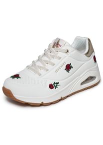 Sneaker Skechers "UNO-CHAMPAGNE & ROSES", Damen, Gr. 35, Textil, wei&szlig; (wei&szlig;, rot), Lederimitat, bestickt, Schuhe Sneaker, Freizeitsneaker, Halbschuh mit Rosen-Stickerei