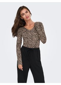 Body Only "ONLLIVE LOVE V NECK L/S BODY CS JR", Damen, Gr. XL (42), N-Gr, braun (ginger root aop:tikkie leo), Obermaterial: 95% Baumwolle, 5% Elasthan, bedruckt, regular fit, V-Ausschnitt, Bodys Body