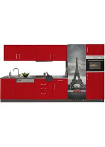 K&uuml;chenzeile KOCHSTATION "KS-Paris - K&uuml;chen mit einzigartigen Fotomotiven auf den Fronten", rot (k&uuml;che: rot, front: rot, korpus: grafit, arbeitsplatte: anthrazit), B:340cm H:200cm T:60cm, Komplettk&uuml;chen-Sets, K&uuml;chenzeile, Breite 340 cm, wahlweise mit E-Ger&auml;ten und Induktion