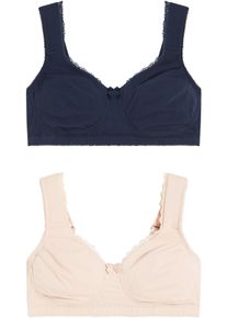Minimizer-BH bonprix, Damen, Gr. 80, Cup D, blau (dunkelblau, kreidebeige), Obermaterial: 95% Baumwolle, 5% Elasthan. Futter: 95% Baumwolle, 5% Elasthan. Spitze: 90% Polyamid, 10% Elasthan, BHs Minimizer-BH, ohne B&uuml;gel, aus Baumwoll- und Elasthan-Mix, im 2er-Pack