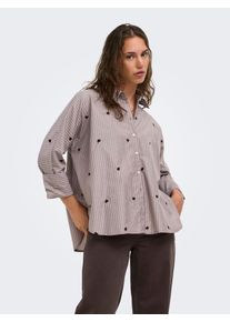 Hemdbluse Only "ONLNEW LINA GRACE LS STRIPE EMB SHIRT", Damen, Gr. XL, beige (coffee bean), Web, Obermaterial: 85% Polyester, 15% Baumwolle, bestickt, gestreift, Po-bedeckend, Blusen Hemdbluse, Materialmix, Herzchen Stickerei