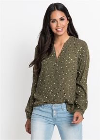Langarmbluse bonprix, Damen, Gr. 44, gr&uuml;n (dunkeloliv gepunktet), Web, Obermaterial: 100% Viskose, bedruckt, gepunktet, figurumspielend Po-bedeckend, tiefer V-Ausschnitt, 1-Knopf-Manschette, Blusen Langarmbluse, figurumspielende Passform, hinten l&auml;nger geschnitten, aus Viskose